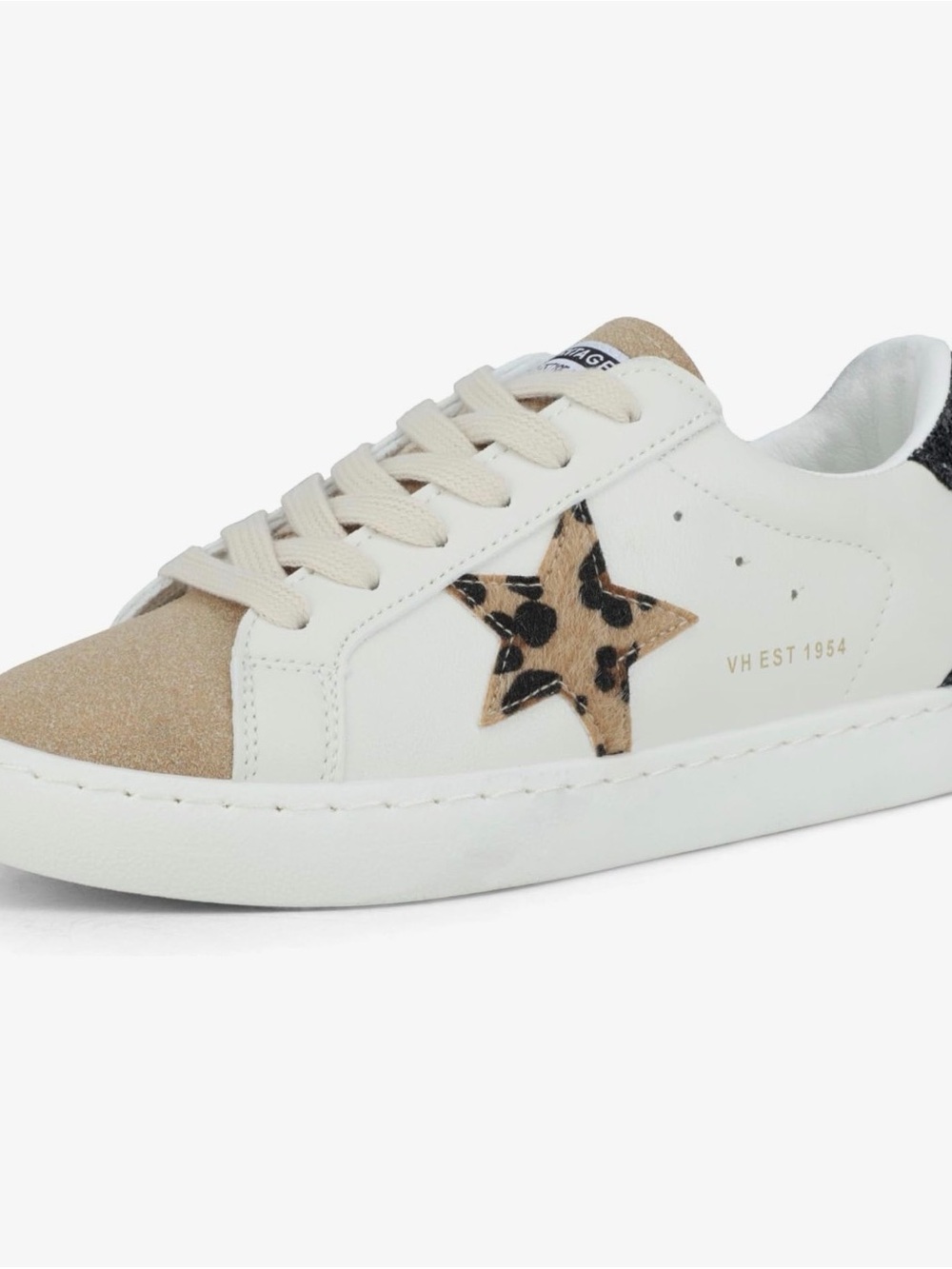 Vince White Sneaker with Tan Toe and Leopard Star